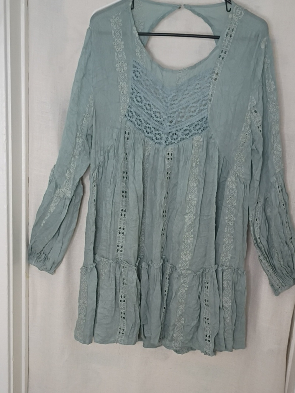 Free People Sage Green Crochet-Yoke Mini Dress